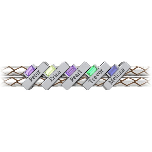 Engravable Sterling Silver Bar & Baguette Leather Bracelet - 5 – Sterling Silver with Amethyst, Peridot, Emerald, and Blue Sapphire