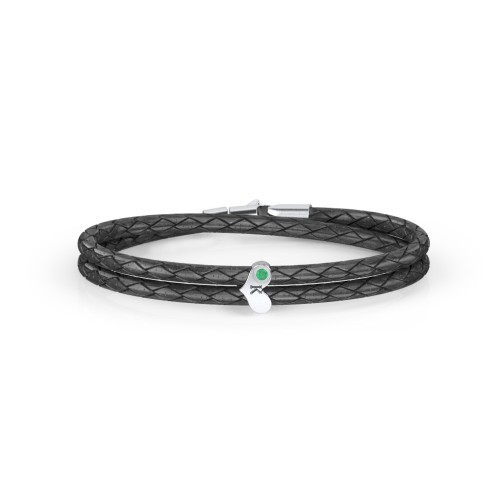 Engravable Sterling Silver Gemstone Heart Leather Bracelet – Sterling Silver with Emerald