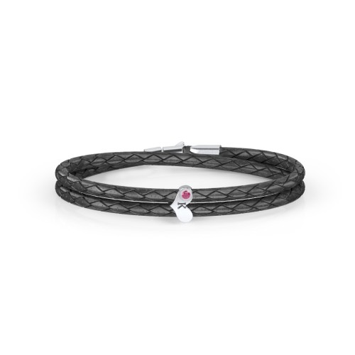 Engravable Sterling Silver Gemstone Heart Leather Bracelet – Sterling Silver with Ruby