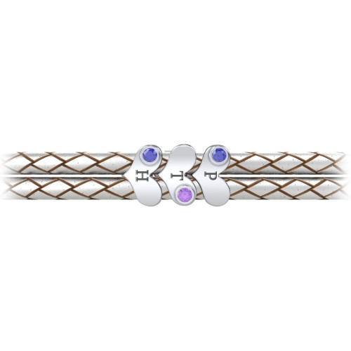 Engravable Sterling Silver Gemstone Heart Leather Bracelet - 3 – Sterling Silver with Blue Sapphire and Amethyst