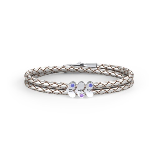 Engravable Sterling Silver Gemstone Heart Leather Bracelet - 3 – Sterling Silver with Blue Sapphire and Amethyst
