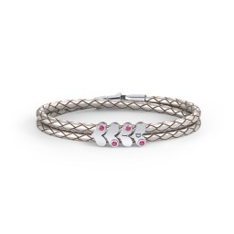 Engravable Sterling Silver Gemstone Heart Leather Bracelet - 4 in 925 Sterling Silver with Ruby