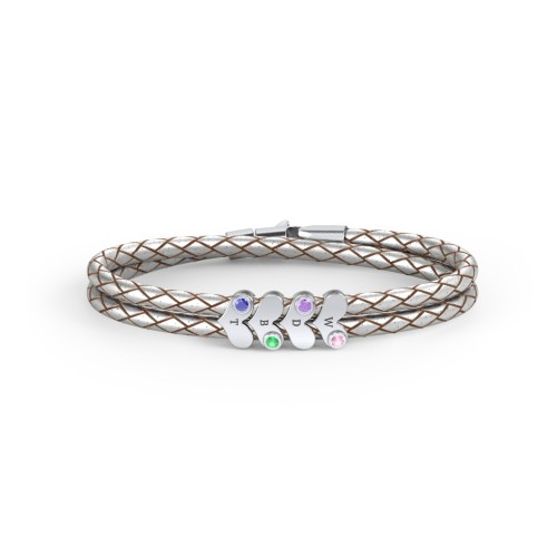 Engravable Sterling Silver Gemstone Heart Leather Bracelet - 4 – Sterling Silver with Pink Tourmaline, Amethyst, Emerald, and Blue Sapphire