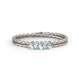 Engravable Sterling Silver Gemstone Heart Leather Bracelet - 5 in 925 Sterling Silver with Emerald