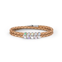 Engravable Sterling Silver Gemstone Heart Leather Bracelet - 5 – Sterling Silver with Blue Topaz, Pink Tourmaline, Peridot, Amethyst, and Emerald