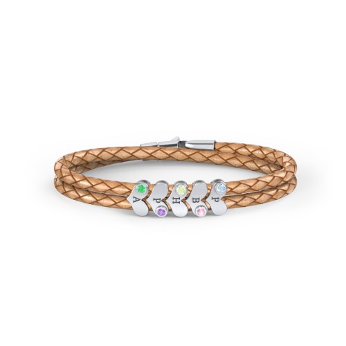 Engravable Sterling Silver Gemstone Heart Leather Bracelet - 5 – Sterling Silver with Blue Topaz, Pink Tourmaline, Peridot, Amethyst, and Emerald