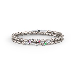Sterling Silver Ivy & Gemstone Leather Bracelet in 925 Sterling Silver with Amethyst, Cubic Zirconia, Ruby, and Emerald