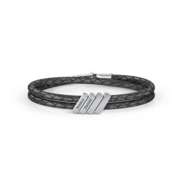 Engravable Sterling Silver Bar Leather Bracelet - 4 in 925 Sterling Silver