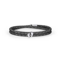 Sterling Silver Baby Feet Leather Bracelet With Birthstone