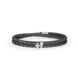 Sterling Silver Baby Feet Leather Bracelet With Birthstone