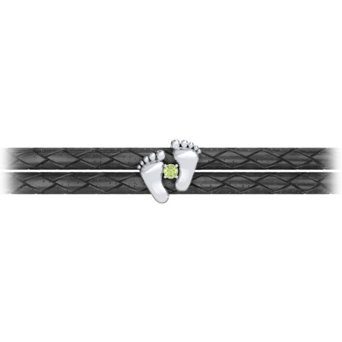 Sterling Silver Baby Feet Leather Bracelet With Birthstone