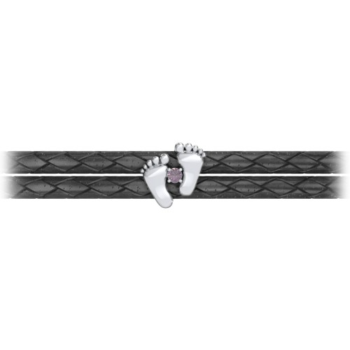 Sterling Silver Baby Feet Leather Bracelet With Birthstone