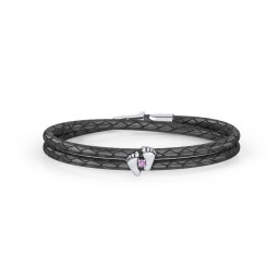 Sterling Silver Baby Feet Leather Bracelet With Birthstone in 925 Sterling Silver with Amethyst