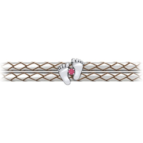 Sterling Silver Baby Feet Leather Bracelet With Birthstone – Sterling Silver with Ruby