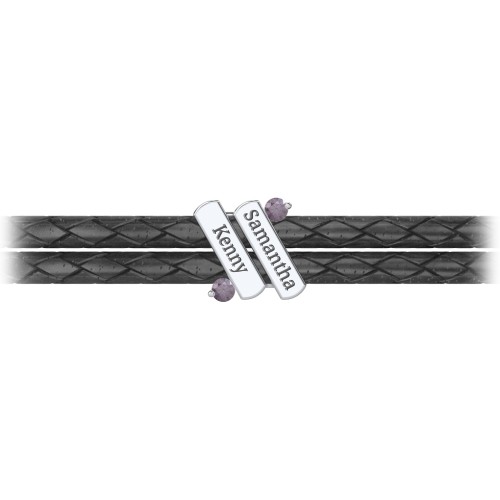 Engravable Sterling Silver Diagonal Bar Leather Bracelet with Gemstones