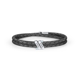 Engravable Sterling Silver Diagonal Bar Leather Bracelet with Gemstones in 925 Sterling Silver with Aquamarine