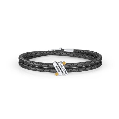 Engravable Sterling Silver Diagonal Bar Leather Bracelet with Gemstones – Sterling Silver with Citrine
