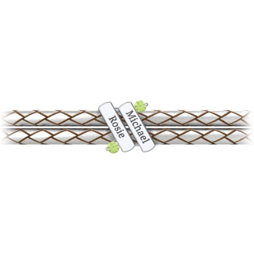 Engravable Sterling Silver Diagonal Bar Leather Bracelet with Gemstones