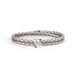 Engravable Sterling Silver Diagonal Bar Leather Bracelet with Gemstones in 925 Sterling Silver with Emerald