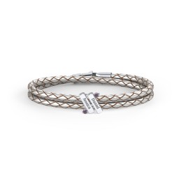 Engravable Sterling Silver Diagonal Bar Leather Bracelet with Gemstones in 925 Sterling Silver with Alexandrite