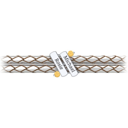 Engravable Sterling Silver Diagonal Bar Leather Bracelet with Gemstones – Sterling Silver with Citrine