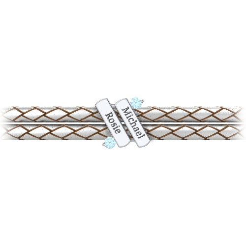 Engravable Sterling Silver Diagonal Bar Leather Bracelet with Gemstones – Sterling Silver with Blue Topaz