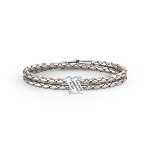 Engravable Sterling Silver Diagonal Bar Leather Bracelet with Gemstones – Sterling Silver with Blue Topaz