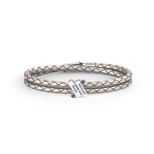 Engravable Sterling Silver Diagonal Bar Leather Bracelet with Gemstones – Sterling Silver with Alexandrite
