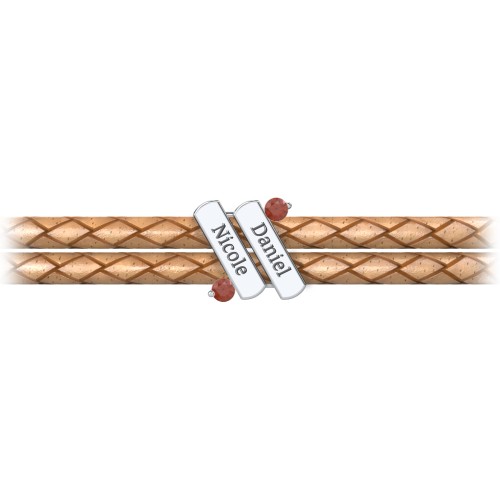 Engravable Sterling Silver Diagonal Bar Leather Bracelet with Gemstones – Sterling Silver with Garnet