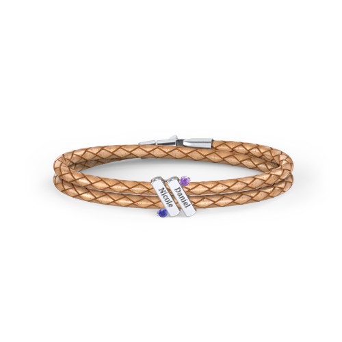 Engravable Sterling Silver Diagonal Bar Leather Bracelet with Gemstones – Sterling Silver with Amethyst and Blue Sapphire
