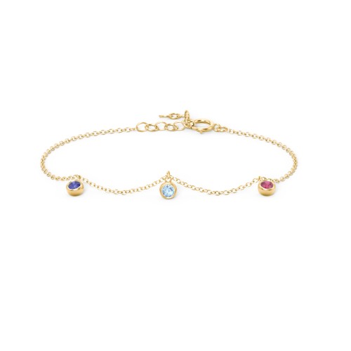 Bezel Set Gemstone Drop Bracelet - 3 Stone – 9kt Yellow Gold with Blue Sapphire, Blue Topaz, and Ruby