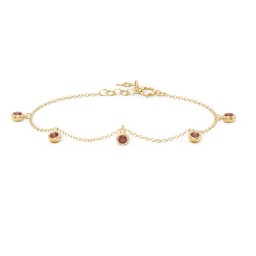 Bezel Set Gemstone Drop Bracelet - 5 Stone in 18K Gold Plated Silver with Garnet