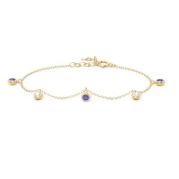 Bezel Set Gemstone Drop Bracelet - 5 Stone in 18K Gold Plated Silver with Blue Sapphire and Cubic Zirconia