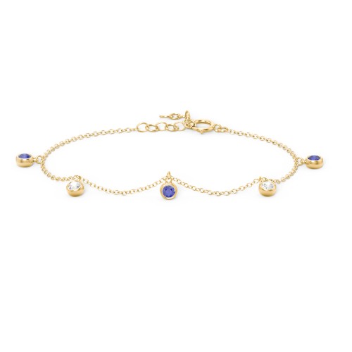 Bezel Set Gemstone Drop Bracelet - 5 Stone – 18K Gold Plated Silver with Blue Sapphire and Cubic Zirconia