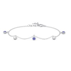 Bezel Set Gemstone Drop Bracelet - 5 Stone – Sterling Silver with Blue Sapphire and Cubic Zirconia