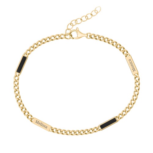 Engravable Bar Open Curb Bracelet with Black Enamel Bars – 18K Gold Plated Silver