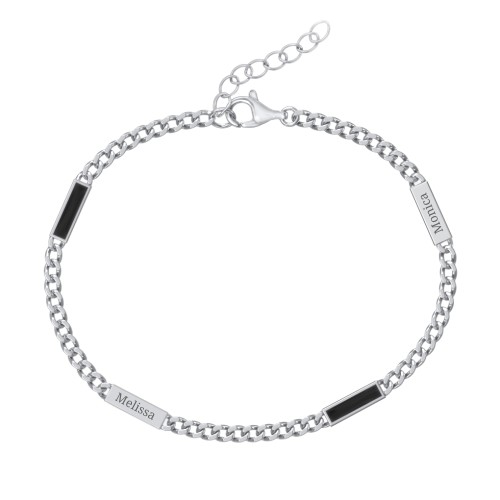 Engravable Bar Open Curb Bracelet with Black Enamel Bars – Sterling Silver