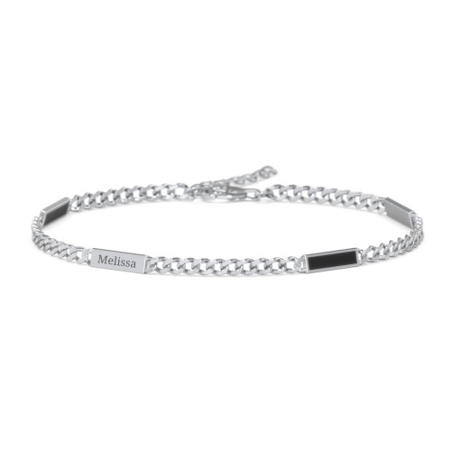 Engravable Bar Open Curb Bracelet with Black Enamel Bars – Sterling Silver