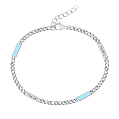Engravable Bar Open Curb Bracelet with Blue Enamel Bars