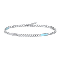Engravable Bar Open Curb Bracelet with Blue Enamel Bars in 925 Sterling Silver