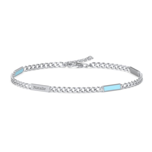 Engravable Bar Open Curb Bracelet with Blue Enamel Bars – Sterling Silver