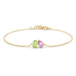 Toi et Moi Oval and Pear Gemstone Bracelet in 18K Gold Plated Silver with Peridot and Pink Tourmaline
