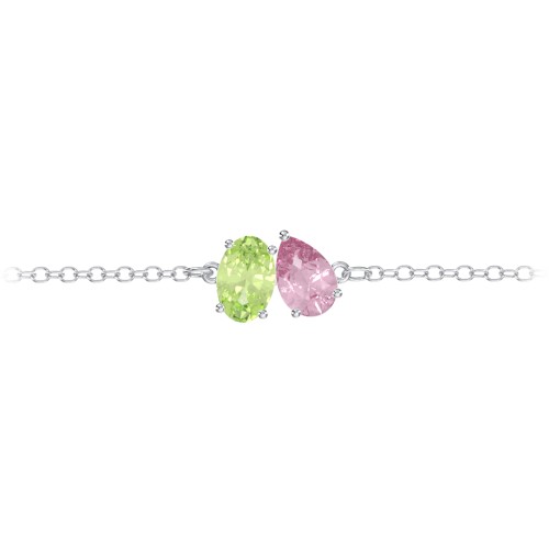 Toi et Moi Oval and Pear Gemstone Bracelet – Sterling Silver with Peridot and Pink Tourmaline