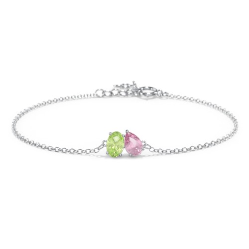 Toi et Moi Oval and Pear Gemstone Bracelet – Sterling Silver with Peridot and Pink Tourmaline