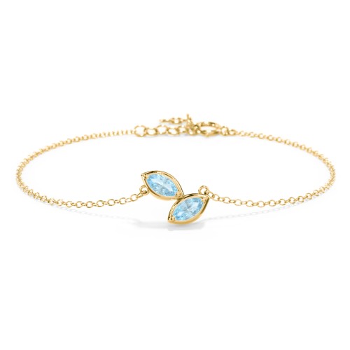 2 Marquise Birthstone Leaf Bracelet – 18K Gold Plated Silver with Blue Topaz