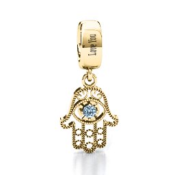 Protection Hamsa Bracelet Charm in 9K Solid Yellow Gold with Aquamarine