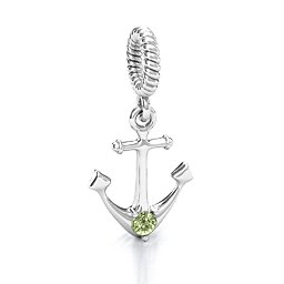 Anchor With Round Stone Bracelet Charm in 925 Sterling Silver with Peridot, Cubic Zirconia, Emerald, Citrine, and Pink Tourmaline