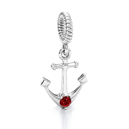 Anchor With Round Stone Bracelet Charm – Sterling Silver with Garnet