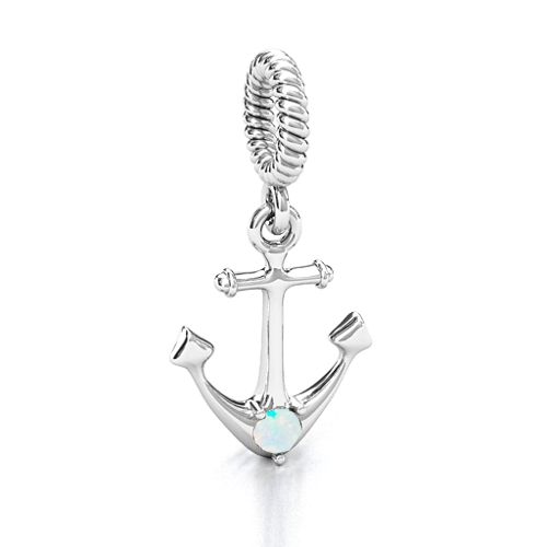 Anchor With Round Stone Bracelet Charm – Sterling Silver with Opal