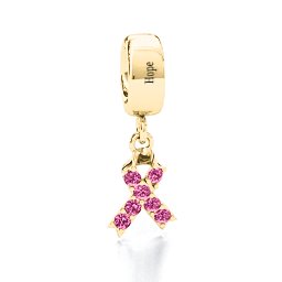Awareness Ribbon Bracelet Charm in 9K Solid Yellow Gold with Pink Tourmaline